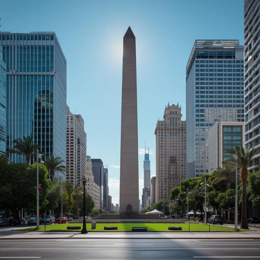 Obelisco de Buenos Aires con el distrito financiero al fondo, representando la conexión con Argentina.
